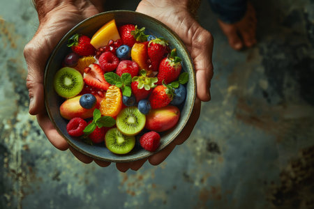 A bowl of fruit is being held by a person. The bowl contains a variety of fruits including kiwi, strawberries, and oranges. The bowl is blue and the fruits are arranged in a visually appealing mannerの素材