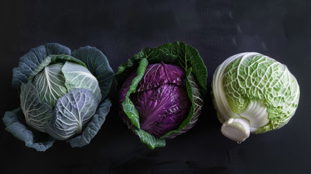Three different colored cabbage heads are arranged on a gray surface. The cabbage heads are purple, green, and whiteの素材