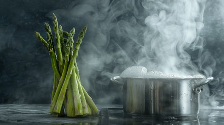 A pot of boiling water with a bunch of asparagus in it. The steam from the boiling water is rising and the asparagus is still standing uprightの素材
