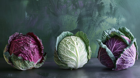 Three cabbage heads are displayed on a table. One is purple, one is green, and one is a mix of both colors. The arrangement of the cabbage heads creates a sense of balance and harmonyの素材