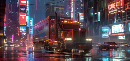 A truck is driving down a wet city street with neon signs in the background. Scene is urban and bustling, with the truck being the main focus of the sceneの素材