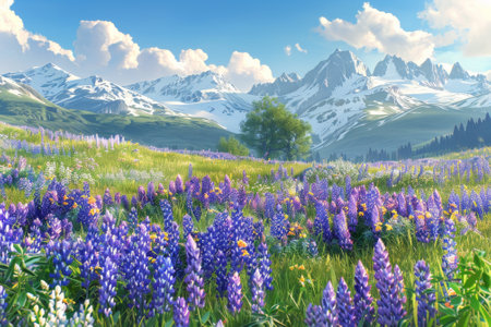 A beautiful field of purple flowers with a mountain in the backgroundの素材
