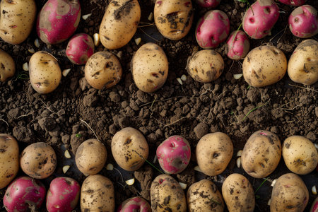 A bunch of potatoes are in the dirt. The potatoes are all different sizes and colors. The image has a rustic and earthy feel to itの素材