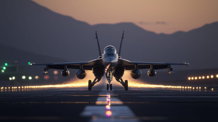 A jet is taking off from the runway. The runway is lit up with lights, and the jet is the only object visible. The scene is calm and peaceful, with the jet taking off into the skyの素材