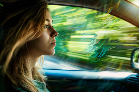 A woman is driving a car and looking out the window. The car is moving fast and the woman's hair is blowing in the wind. The scene is dynamic and energeticの素材