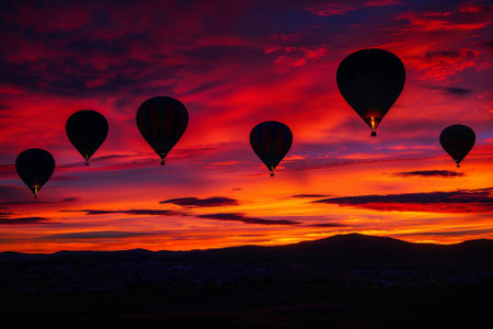 A group of hot air balloons are flying in the sky over a beautiful sunset. The sky is filled with a mix of red and orange hues, creating a warm and serene atmosphereの素材