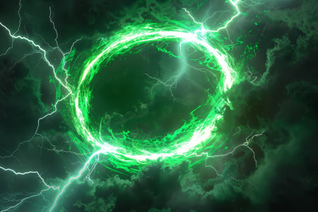 A green circle with lightning bolts surrounding it. The image has a mood of excitement and energyの素材