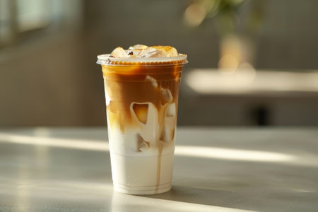 A cup of coffee with ice in it sits on a table. The coffee is a mix of different flavors, and the ice is melting, creating a refreshing drink. Concept of relaxation and enjoymentの素材