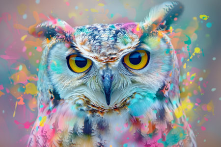 A colorful owl with a yellow eye stars at the camera. The owl is surrounded by a splash of colors, giving it a vibrant and lively appearance. Concept of curiosity and wonderの素材