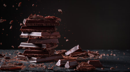 A pile of chocolate bars with some of them broken and scattered on the ground. Concept of indulgence and temptation, as the chocolate bars are piled high and the broken pieces are scattered aroundの素材
