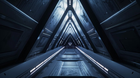 A long, narrow, dark tunnel with a triangular shape. The tunnel is lit up with a blue lightの素材