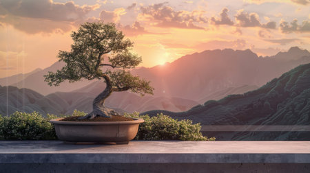 A small bonsai tree is sitting on a ledge in front of a mountain range. The scene is serene and peaceful, with the sun setting in the background. The tree is the focal point of the imageの素材