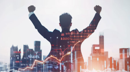A man in a suit is holding his arms up in the air, surrounded by a city skyline. Concept of triumph and success, as the man is celebrating a personal or professional achievementの素材