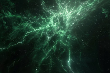 A green, glowing space with a lot of stars and lightning bolts. Scene is mysterious and otherworldlyの素材