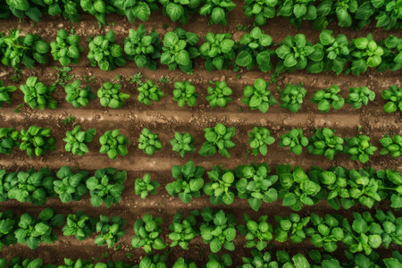A field of green plants with a brown dirt background. The plants are in rows and are all the same sizeの素材