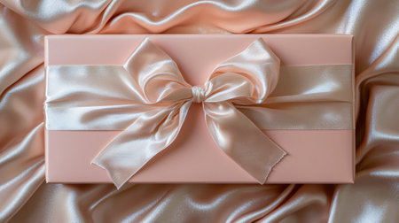 A pink box with a bow on top of a pink cloth. The box is wrapped in a ribbon and has a bow on top of itの素材
