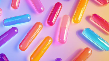 A colorful array of pills are scattered across a light purple background. The pills are of various colors, including pink, orange, and yellow. Concept of fun and whimsyの素材