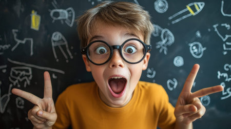 A young boy wearing glasses and a yellow shirt is making a peace sign with his hands. Concept of joy and innocence, as the boy appears to be excited and happyの素材