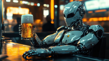 A humanoid robot sits at a sleek bar, raising a glass of beer in a neon-lit venue. The ambiance is lively, reflecting a blend of technology and nightlife in a modern setting.の素材