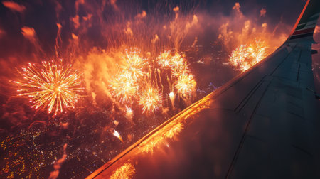 Fireworks burst in brilliant colors against the dark sky, creating a stunning view from an airplane window during a festive celebration over a vibrant city.の素材