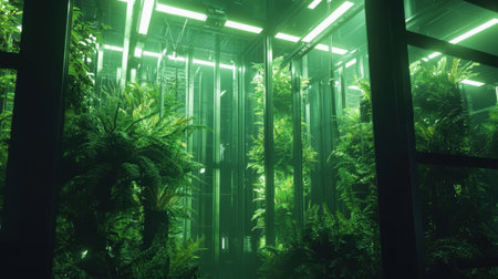 A vibrant indoor garden showcases dense plants with neon lights creating a mystical atmosphere. The ferns thrive in the bright, green-tinted light, emphasizing their lush foliage.の素材