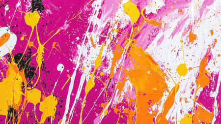 Vibrant abstract artwork showcases a mix of bold pink, orange, and white splatters against a textured background. The energetic composition captures a sense of movement and creativity.の素材