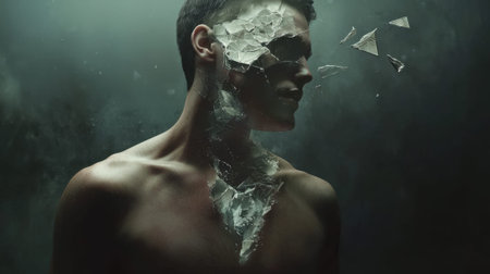 A man stands in a dimly lit space, his torso bare, while his face appears to break apart like glass, symbolizing emotional struggle and transformation.の素材