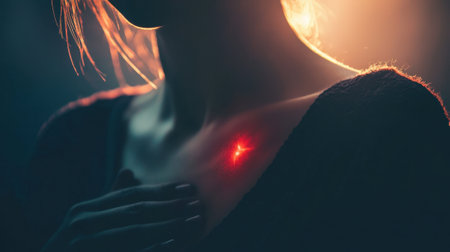 A woman stands in subdued lighting, touching her chest where a glowing red light is visible. The warm glow contrasts with the darkness around, creating an intriguing atmosphere.の素材