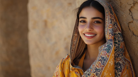 A woman wearing a yellow scarf is smiling. The scarf is colorful and has a floral pattern. The woman is standing in front of a wall, and the background is a rocky areaの素材
