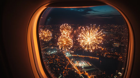 Colorful fireworks burst in the night sky, creating a vibrant display over a cityscape. The view is captured from the window of an airplane, showcasing a festive atmosphere.の素材
