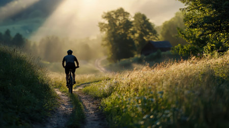 A man is riding a bike on a dirt road in a forest. The sun is shining through the trees, creating a peaceful and serene atmosphereの素材