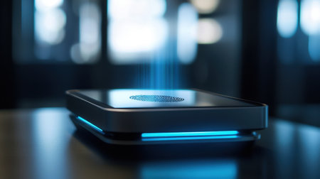 A wireless charger is actively charging a device, emitting a soft glow from its edges. The room features a contemporary design with blurred backgrounds, creating a tech-savvy ambiance.の素材