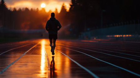 A man runs on a track with the sun setting in the background. Concept of determination and focus as the runner pushes himself to complete his workout. The contrast between the bright sunの素材
