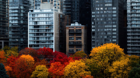 A city skyline with tall buildings and a park full of trees with leaves that are orange and yellowの素材