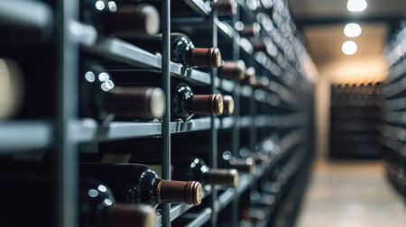 Rows of wine bottles are elegantly arranged in a contemporary cellar. Soft lighting creates a warm atmosphere as shadows play along the shelves, enhancing the elegant display.の素材