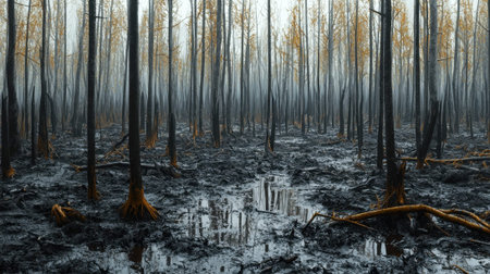Charred remnants of trees stand in a forest ravaged by wildfire. The ground is wet with puddles reflecting the gray sky, showing the aftermath of destruction in the early morning light.の素材