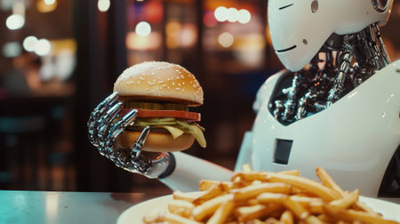 A robot with a shiny metallic structure holds a hamburger topped with lettuce and tomatoes. On the table, a plate of golden fries sits nearby, capturing an interesting blend of technology and dining.の素材