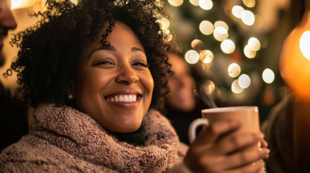A woman with curly hair is smiling and holding a cup of coffee. The image conveys a warm and cozy atmosphere, as the woman is enjoying a hot beverage on a cold dayの素材