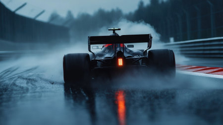 A race car is driving on a wet track with smoke coming out of its back. Scene is intense and exciting, as the car is speeding down the track in a raceの素材