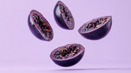 A close up of a purple fruit with the word "juicy" written on it. The fruit is sliced in half and the juice is dripping out. The image has a playful and fun moodの素材