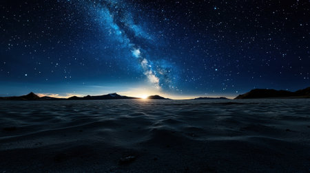 A dark night sky with a large body of water in the foreground. The sky is filled with stars and the sun is setting in the distanceの素材