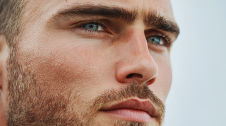 A man with a beard and blue eyes. He has a serious look on his face. Concept of confidence and masculinityの素材