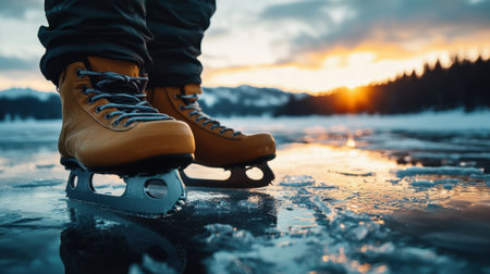 Skaters glide across a crystalline frozen lake as a vibrant sunset paints the sky. Snow-covered mountains create a stunning backdrop in the crisp winter air.の素材