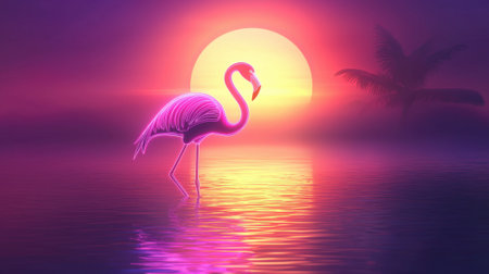 A pink flamingo stands in the water next to a palm tree. The flamingo is surrounded by a beautiful sunset, creating a serene and peaceful atmosphereの素材