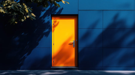 A bright orange door stands out against a blue wall. The door is open, and the sunlight is shining on it, creating a warm and inviting atmosphere. The contrast between the bright orange doorの素材
