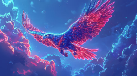 A mythical bird with radiant colors flies gracefully above fluffy clouds during dawn, illuminating the sky with hues of blue and pink while embodying freedom and beauty.の素材