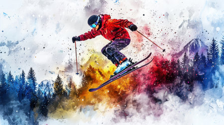 A man is skiing in the air with his skis in the air. The image has a sense of excitement and adventureの素材