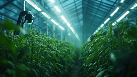 Rows of lush green plants grow vigorously in a large greenhouse illuminated by bright artificial lights. The atmosphere is calm and nurturing for the crops.の素材