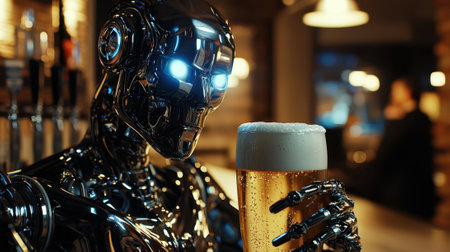 A shiny humanoid robot with glowing blue eyes is presenting a frothy beer in a busy urban bar. Ambient lighting creates a lively atmosphere as patrons enjoy their drinks.の素材