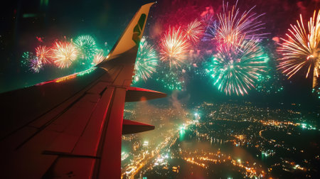 Brightly colored fireworks burst in the night sky as viewed from an airplane window, showcasing a lively city celebration below. The scene captures the excitement of the event.の素材